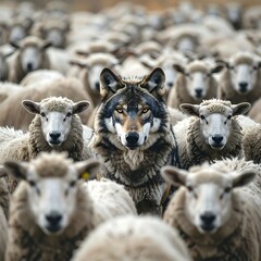 A grey wolf stands amongst a tightly packed flock of sheep, gazing forward
