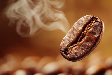 Close-up of steaming roasted coffee bean suspended in mid-air against warm brown blurred background, aromatic espresso concept with copy space for cafe advertising, branding design, packaging, banners