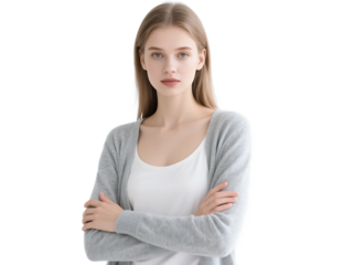 A young woman with arms crossed, wearing a casual gray cardigan and white top, standing against a plain background.