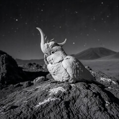 Ancient citron cockatoo majesticly posed on rocky terrain under a starry sky