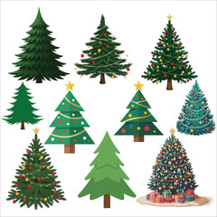 Christmas tree set vector , Collection of festive decorated Christmas trees in various styles for holiday cheer