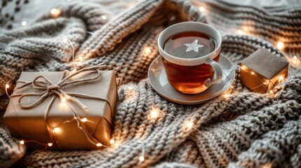 A cozy setup featuring a warm cup of tea, a gift box, and twinkling fairy lights on a knitted blanket creates an inviting atmosphere, perfect for enjoying peaceful evenings during the holiday season.