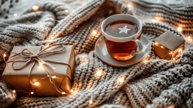 A cozy setup featuring a warm cup of tea, a gift box, and twinkling fairy lights on a knitted blanket creates an inviting atmosphere, perfect for enjoying peaceful evenings during the holiday season.