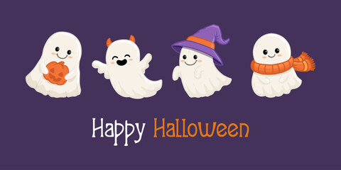 set of cute halloween ghosts on purple background. Collection ghost in flat style. Vector illustration