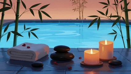 A serene spa scene with a pool, candles, bamboo, stones, and a towel for a relaxing experience.