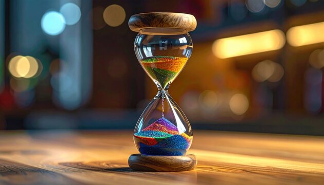 Hourglass with Colorful Sand on Wooden Table.