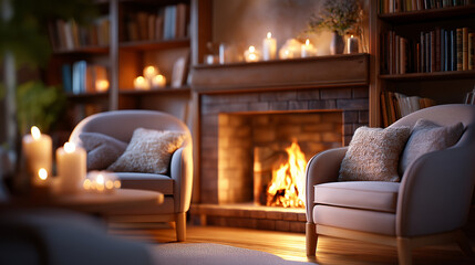 Cozy living room interior with fireplace and armchairs, fire burning in hearth books on shelves, scene of home comfort warmth relaxation, candles provide soft light creating inviti