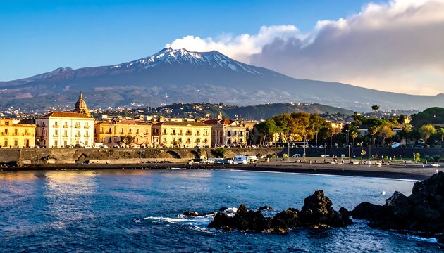 Coastal city view with snow-capped mountain in the distance