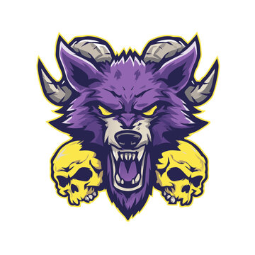 Aggressive purple wolf mascot logo with horns, snarling fangs, and glowing eyes, flanked by yellow skulls. Fierce beast illustration for gaming or eSports.