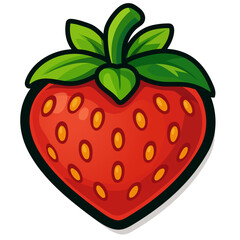 Cartoon Strawberry Icon, Cute Red Berry with Green Leaves, Vector Illustration