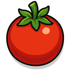 Cartoon Tomato Icon, Bright Red Vegetable with Green Leaves, Vector Illustration