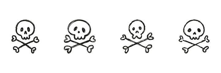 Obraz premium Skull And Crossbones Line Icon Set In Doodle Style. Danger, Warning, And Toxicity Symbols Outline Sketch Collection. Hand Drawn Isolated Vector Illustration