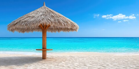 Tropical beach with straw umbrella and turquoise ocean under blue sky