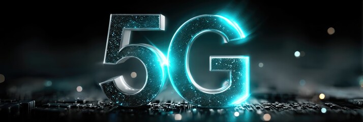 Futuristic glowing 5G symbol on digital circuit background