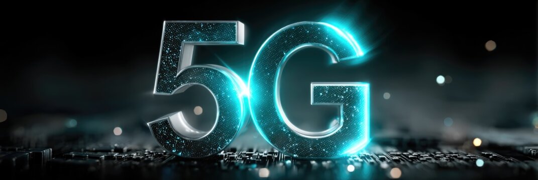 Futuristic glowing 5G symbol on digital circuit background