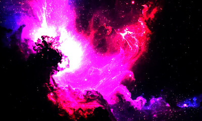 Vibrant nebula with swirling pink and purple cosmic clouds against a dark background, Vibrant pink...