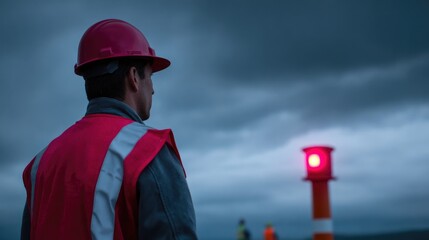 Engineer in Reflective Vest Looking at Warning Light
