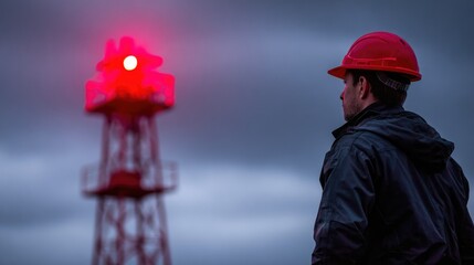 Industrial Worker with Red Helmet at Night