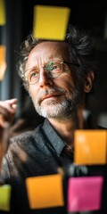Man with glasses looking at sticky notes on a glass wall in a dimly lit office environment