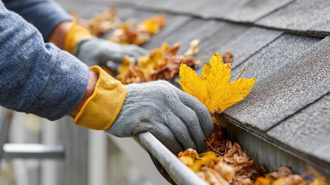 Cleaning Autumn Leaves from Roof Gutter