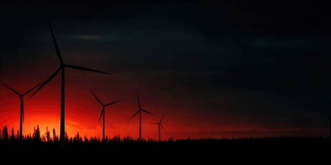 Silhouette of wind turbines during dramatic red sunset over forest horizon
