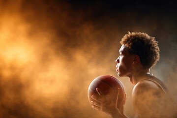 Focused basketball player holding ball before game with dramatic lighting