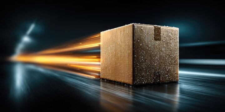 Fast moving parcel box with glowing light trails and motion speed effect