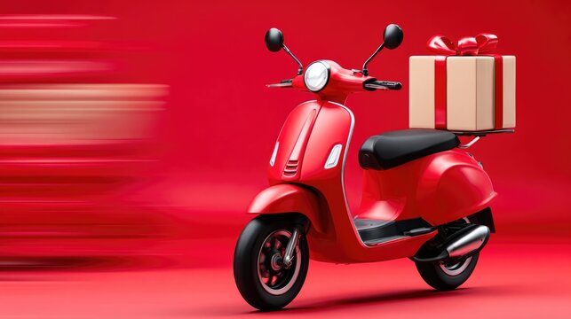 Red delivery scooter carrying a large gift box on vibrant red background