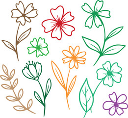 Collection of hand drawn doodle flowers and leaves in various colors and styles
