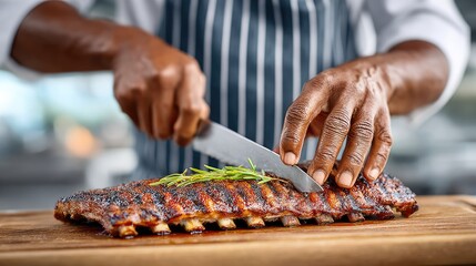 Chef slicing grilled barbecue ribs with knife and herbs on wooden board
