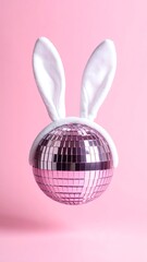 A pink disco ball adorned with white bunny ears, on a pastel pink backdrop