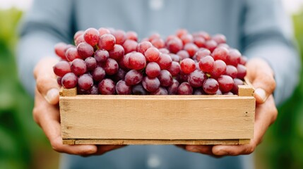 Farmer Holding Wooden Box of Red Grapes