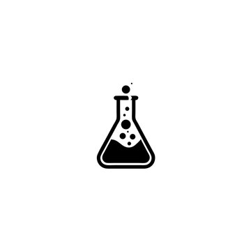 Simple black vector icon of a scientific Erlenmeyer flask with bubbling liquid, representing chemistry, experiment, and laboratory research