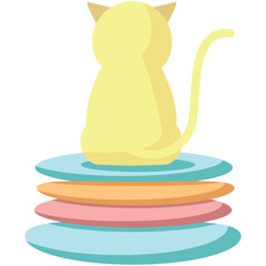 Vector pet cute cartoon cat. Flat animal character sitting on plated stack emoticon icon. Kitten view from back isolated on white background