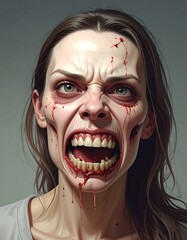 A grotesque portrait of a woman with zombie-like features and blood