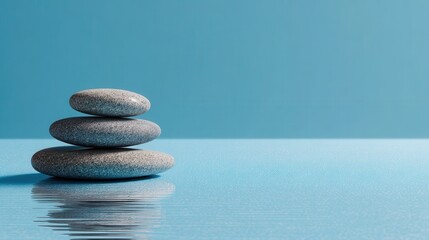 Zen stones stacked on water surface with blue background for meditation