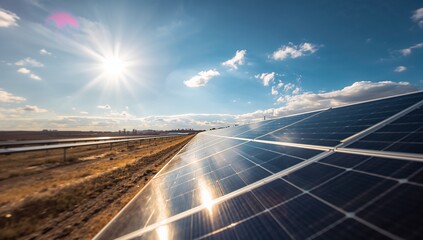 Brilliant sunshine illuminates rows of solar panels, powering sustainable green energy