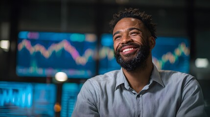 Smiling businessman in front of financial market data on computer screens