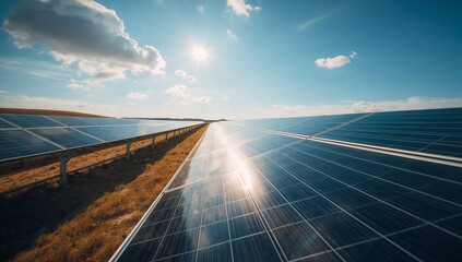 Vibrant solar panel farm under bright sky provides clean energy solution today