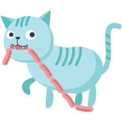 Cartoon cat with sausage in mouth vector icon. Isolated cute kitten pet domestic animal eating illustration on white background