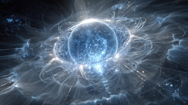 Abstract cosmic nebula with glowing blue energy sphere and swirling light particles