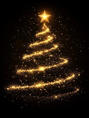A Beautiful Christmas Tree Made of Golden Lights with a Star at its Top Glowing Brightly Against an Empty Black Background