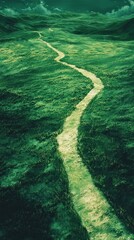 A serene landscape view of a winding path through a lush green field under a clear blue sky with fluffy white clouds