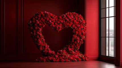 A heartshaped arch made of red roses stands in the center with large and small flowers arranged to create an eyecatching decoration