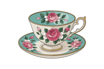 Elegant vintage teacup and saucer with pink roses and green accents