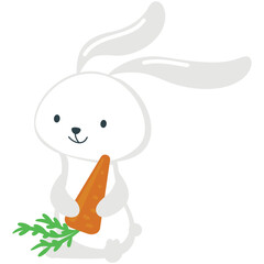 Cute cartoon rabbit eating carrot vector. Hungry bunny icon. Hare animal illustration isolated on white background