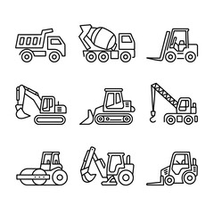 Set of 9 simple black and white line art icons featuring construction vehicles for general use
