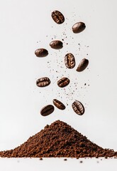 Close-up of Coffee Beans Falling Vertically into Pile of Ground Coffee