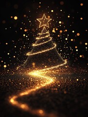 Golden star shaped Christmas tree with glowing lights on black background