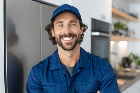 A cheerful maintenance worker smiles, wearing a cap and jumpsuit near a modern kitchen, providing confident and reliable services for home repair and appliance installation.